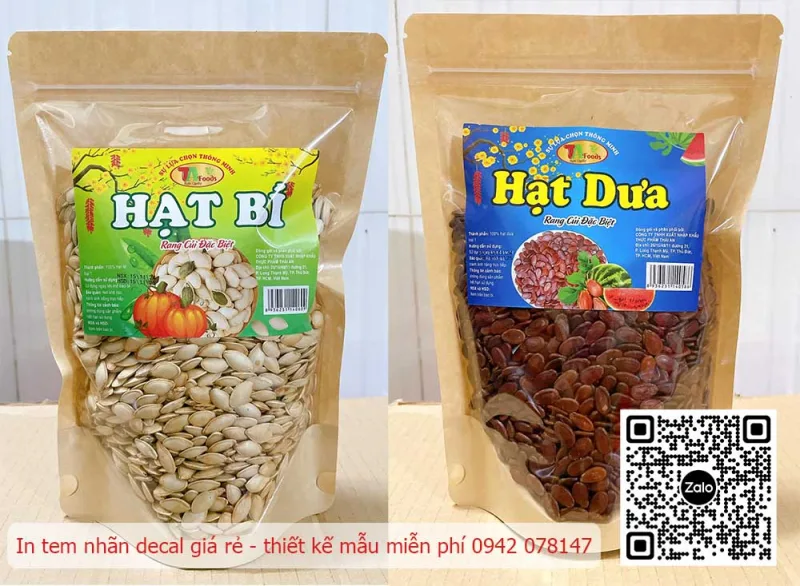 tem decal giấy hạt bí hạt dưa Tết cán màng bóng