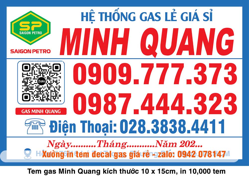 Mẫu tem decal gas Minh Quang kích thước 10x15cm
