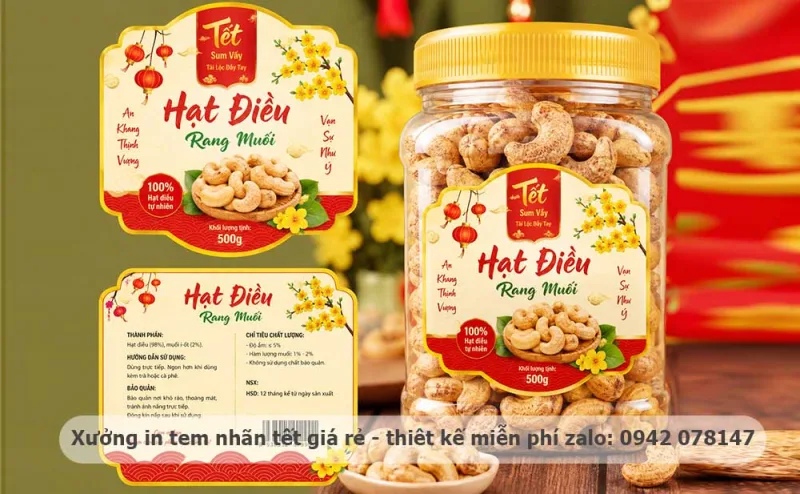 tem decal hạt điều Tết dán hũ PET và túi zipper
