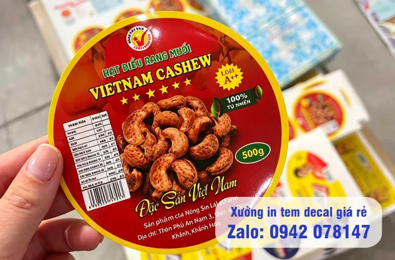 Mẫu tem tròn hạt điều cán màng bóng